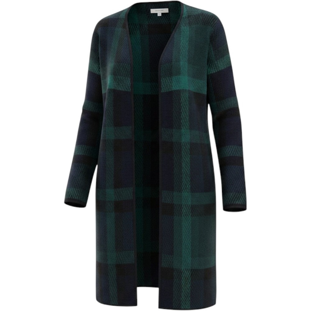 Talbots Petite Medium MP Merino Wool Plaid Open Front Cardigan Navy Longline